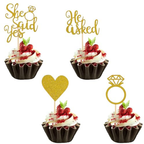 24 Pcs He Asked She Said Yes Cupcake Toppers, Gold Glitter Diamond Ring Heart Love Cake Picks Love Heart I Do Diamond Ring Wedding Engagement Cake Decorations Supplies