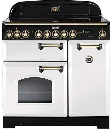 Rangemaster Classic Deluxe 90cm Electric Range Cooker with Induction Hob - White/Brass - A/A Rated