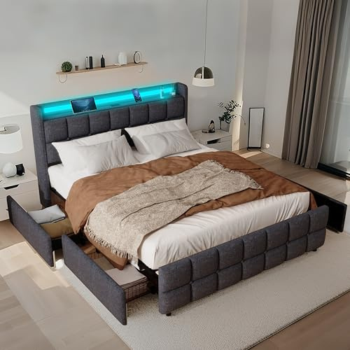 XMETPR Linneduk sängram 140x200cm med laddstation, grå | USB & AC-portar, klädd dubbelsäng, 4 förvaringslådor, LED-belysning, plattformssängram, tyst