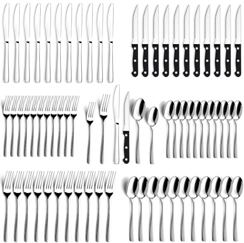 BEWOS 72-Pieces Silverware Set for 12 - Stainless Steel Flatware Set with Mirror Polish, Cutlery Set Including Steak Knives, Forks and Spoons, Dishwasher Safe for Restaurant (Silver)