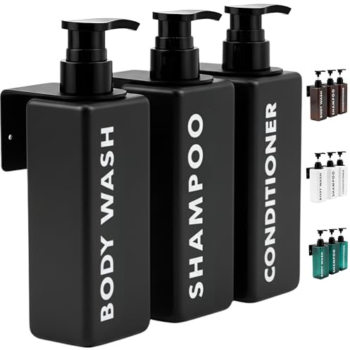 FCINNOVA Dispensador Gel y Champu Ducha Negro Mate 500ml | Set 3 Botes para Gel y Champu + Acondicionador + Embudo Rellenado + 3 colgadores Pared | Dispensador Jabon Baño Pared Elegante y Sostenible