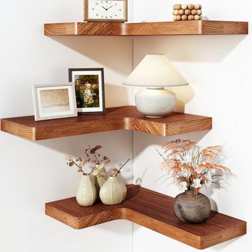 Fixwal Corner Floating Shelves for Wall Mounted Natural Solid Wood 16x11.4 Farmhouse Home Decor Display Shelving Set of 3 (Rustic Brown)