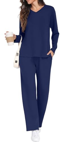 GRECERELLE Tracksuit Womens Full Set Lounge Wear Sets for Women Autumn Long Sleeve Two Piece Outfits Pullover Tops Casual Activewear V Neck and Jogging Bottoms with Pockets (Navy Blue, M)