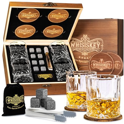 Whisiskey Set di bicchieri da whisky – Set regalo per whisky – bicchieri da whisky – regali per uomini – regalo di compleanno uomo – confezione 4 bicchieri rum, 8 pietre per whisky