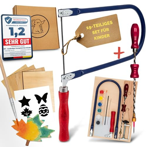 Eli Sega per foglie per bambini – Set completo con punta a mano per sega a traforo con modelli creativi – piastre per sega a traforo – colori – pennello – carta vetrata – legno – idea regalo ragazzo e