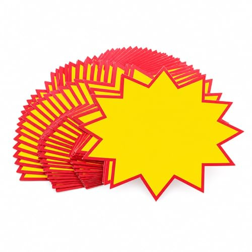 50 Pack Starburst Price Labels, 7 x 5 cm Self-Adhesive Blank Price Stickers, Yellow with Red Border Writable Price Tags for Shops, Markets, Retail Displays