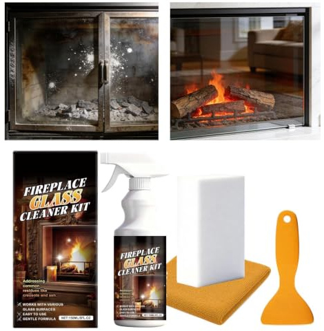 Glasrengöringsmedel för vedugnar med skrapa och rengöringsmedel | 150 ml rengöringsmedel för kamin och ugnsdörr för stål galler tegel stenplattor för inomhus- och utomhusbruk