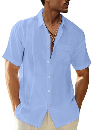 LVCBL Camisa Lino Hombre Collar del Cuello Alto Camisas Soporte Vacaciones Azul Claro L