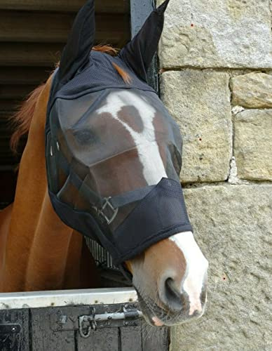 Black or White Padded Mesh Fly Mask Hood with Ears Horse and Pony Size (X-Full, Black)