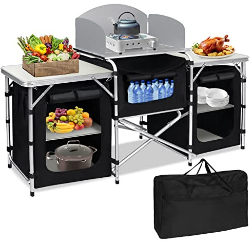 Aufun Cuisine de Camping Armoire de Camping Pliable avec Cadre en Aluminium, Compartiments de Rangement, Cuisine de Camping en Plein air, boîte de Cuisine, Cuisine de Voyage