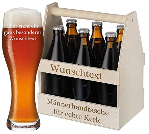Bier Geschenkset mit Wunschtext personalisiert - 1x Weißbierglas 500 ml - 1x Bierträger Holz - Pils, Weizen, Geburtstag, Weihnachten - Männergeschenk