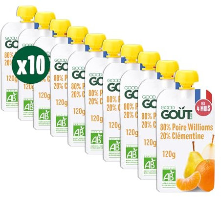 GOOD GOÛT - Gourdes Poire Clémentine - Compote Bébé - Dès 4 Mois - 80 % Poire Williams, 20 % Clémentine - 100% Bio - Sans Sucres Ajoutés - Fabriqué En France - 10x120g