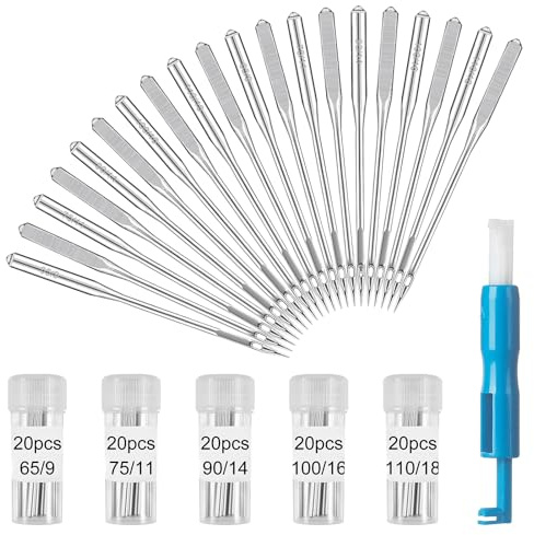 100 Pcs Sewing Machine Needles Assorted Universal 65/9 75/11 90/14 100/16 110/18 Universal Sewing Machine Needles for Singer Brother Janome Bernina Kenmore with Needle Threader