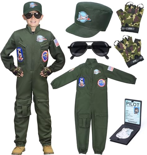 Tacobear Costume Pilota Bambini Bambino Costume Militare con Cappello Guanti Occhiali da Sole Tuta Pilota Vestito da Aviatore Costumi Carnevale Halloween Cosplay (140, 8-9 Anni)