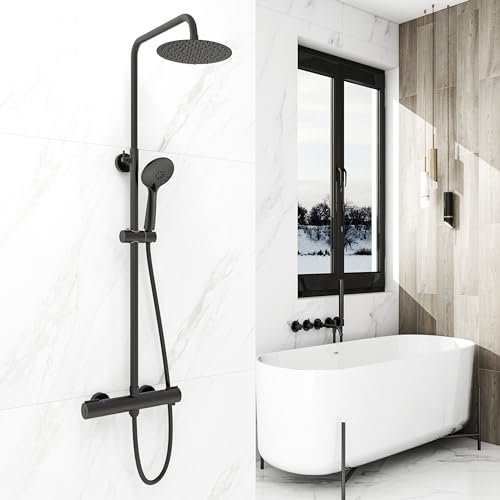 Colonna Doccia, AICA ITALY, Soffione Doccia Acciaio Inox da 20cm con Rubinetto Termostatico Diametro 40mm, Saliscendi Doccia Regolabile 73-117cm, nero