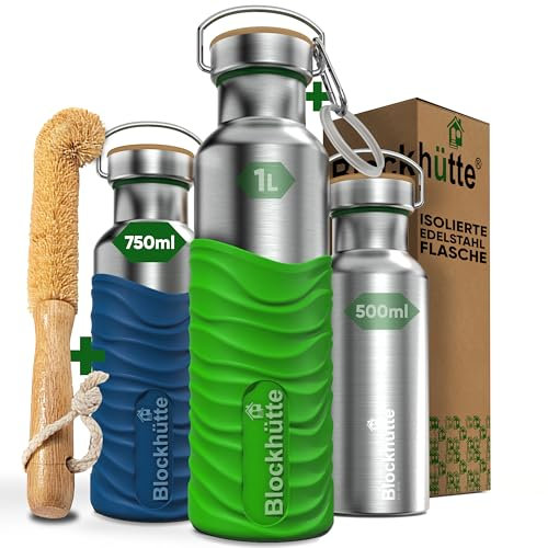 Blockhütte Stainless Steel Water Bottle Insulated I 750ml Water Bottle Metal, BPA Free, Thermal Leakproof Flask, Dishwasher Safe, for Gym, Travel, Cold Drinks, with Natural Cleaning Brush - Blue