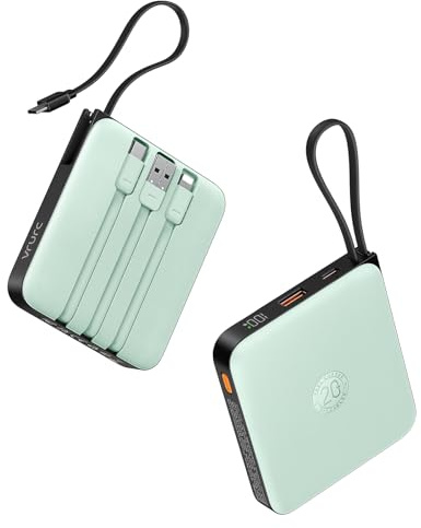 VRURC Portable Charger USB C, Power Bank with Built-in Cable, 10000mAh 20W Battery Pack for iPhone 16 15 14 Samsung Galaxy S23 S22 Google, Note 20, Pixel, Moto, LG Android Phone, Green(1 Pack)