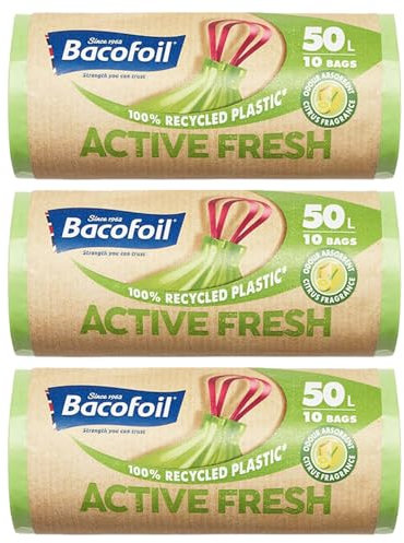Bacofoil Active Fresh Bin Liners with Drawstring Handles 50L - Leak-Proof Bin Bag with a Citrus Fragrance to Prevent Odours (3 Rolls, 30 Bags)…