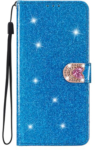 BLOTECH Glitter Diamond Shiny Wallet für Huawei P10 Lite Shiny Surface Protective Case Diamond Shiny Purse Foldable with Card Slot, Stand, Protective Leather Wallet, Flip Case Cover, Shockproof, Blue