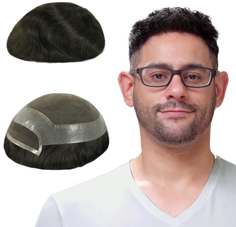 Lordhair Toupet Capelli Veri da Uomo,Protesi Capelli Uomo,100% Capelli Umani,con Pizzo Francese e Bordo Della Pelle