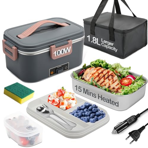 BYbrutek Electric Lunch Box 100W, 1.8L Removable Stainless Steel, 3-in-1 Portable Heated Lunch Box, 12V/24V/220V Insulated Heat Box for Car/Truck/Office/Home, with Insulated Bag and Sponge (Grey)