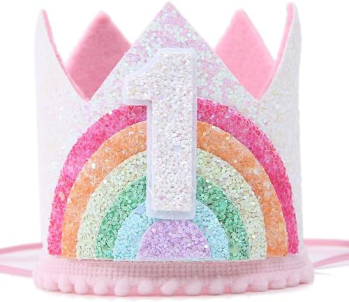 JIOLINK Corona Cumpleaños 1 Año Niña, de Fieltro Arco Iris con Banda Elástica, Decoración para Niñas