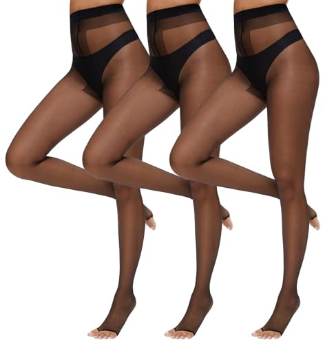 Aaronano 3 Pairs Toeless Pantyhose Tights for Women 10D Control Top Open Toe Pantyhose Sheer Tights 3 Black L