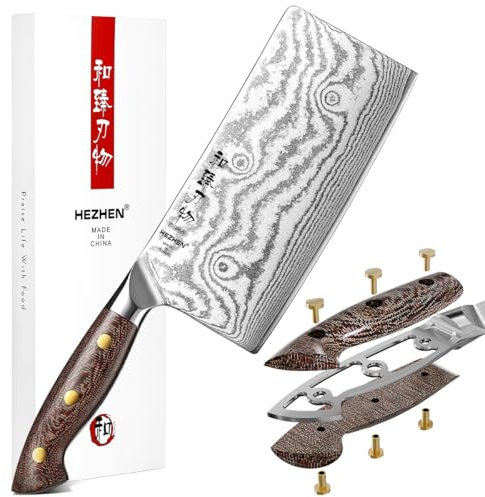 HEZHEN 18cm Hackmesser, Profi Chinesisches Kochmesser, Damaszenerstahl Scharf Küchenmesser, Gemüse Fleischbeil Schneidemesser, Ergonomischer Griff aus Micarta