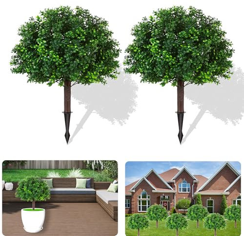 Moeput Artificial Boxwood Topiary Ball Trees, Set of 2 Artificial Boxwood Ball Bush Artificial Shrub Bushes UV Resistance Rated with Spike Fake Outdoor Plant for Front Door Decor, Home Decor, Garden