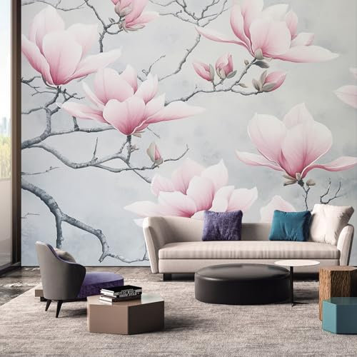 Magnolia Flower Wallpaper Mural, Pink Floral Wall Mural, Non-woven Print Photo Wallpaper for Bedroom Living Room Decor 150x105 cm GHZ155
