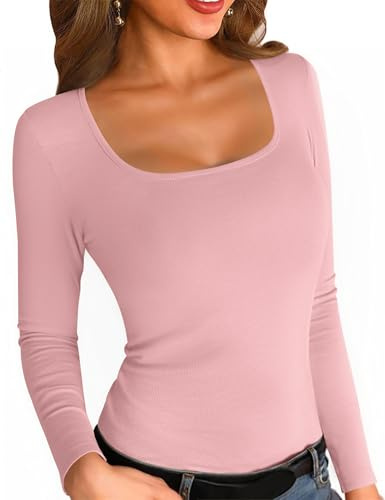 Aottori Womens Long Sleeve Tops Square Neck Basic T Shirts Ladies Ribbed Knit Base Layer Underwear Slim Fitted Cotton Plain Casual Pullover Tunic Top
