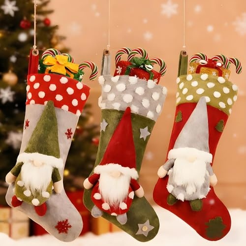 DAJASD Christmas Stocking Set of 3, 18 Inch Large Knit Christmas with 3D Santa, Xmas Personalized Hanging Stocking, Hanging Gift Bag Socks Ornaments for Christmas Fireplace Tree Decorations