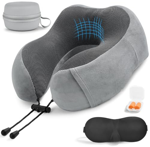 RUACDIQ Cuscino da Viaggio, Cuscino da Viaggio Memory Foam, Cuscino Cervicale da Viaggio con Maschera per Dormir, Tappi auricolari, Borsa, Perfetto per Aereo, Auto e Treno(Grigio)