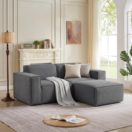 LINSY HOME Sofá de Dos plazas Sofá Cama Modular de 190 cm, sofá de Dos plazas, sofás modulares para salón, no Requiere Montaje (Tela de cordón, Gris Oscuro, 2 plazas + 1 puf)