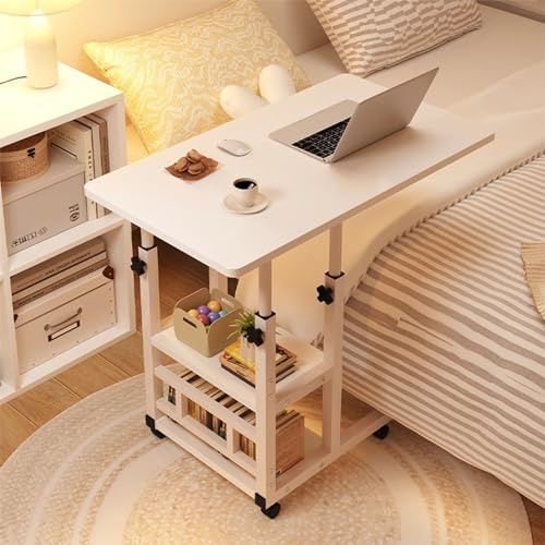 Adjustable Height Overbed Table with Wheels, Hospital Grade Bedside Table | C-Shaped Laptop Sofa Side Table for Disabled Elderly, Mobile Care Table with Storage Shelves for Hospital Bed Bedroom Sofa,