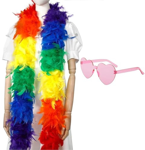 Rainbow Feather Boa Set Suitable for Pride Accessories Decorations | 1.8m Natural Feather Boa and Pink Heart Glasses, Pride Accessories for LGBTQ Party Dancing, Cosplay, Halloween, Christmas