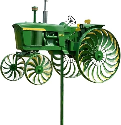 3D Garden Wind Spinner, Tractor Wind Spinner, Green Tractor Windmill Stake with Rotating Wheels, for Front Yard Patio Porch Backyard Lawn Flower Bed Holiday