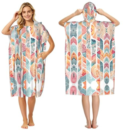 EZDLOWVBA Mexican Otomi Animals Print Hooded Poncho Microfiber Beach Towel,Adult Women & Men Changing Robe,Lightweight Summer Surf Swim Bath Poncho Towel