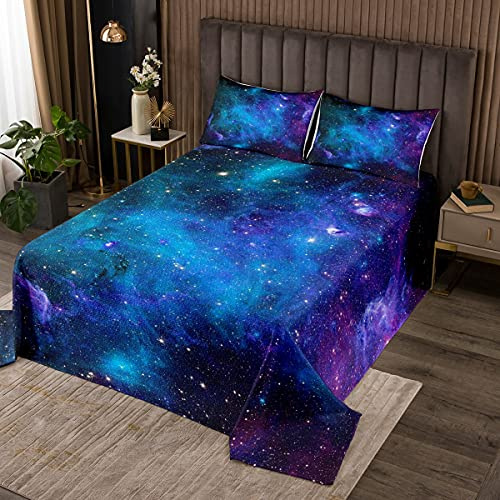 Galaxtäcke set enkel, flickor pojkar barn tonåring täcke, yttre rymden quiltat överkast galax stjärnor i rymden himmelska astronomiska planeter, dekorativa sängkläder blå lila singel
