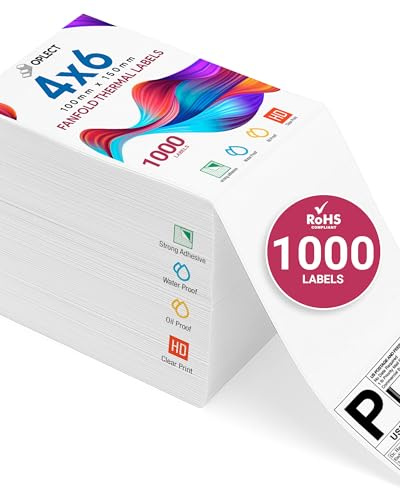 1,000 Unit Fanfold 4x6 Direct Thermal Shipping Labels - BPA-Free, Smudge-Resistant, Strong Adhesive - Compatible with Rollo, Zebra, MUNBYN Printers - Works with UPS, USPS, FedEx, Amazon FBA