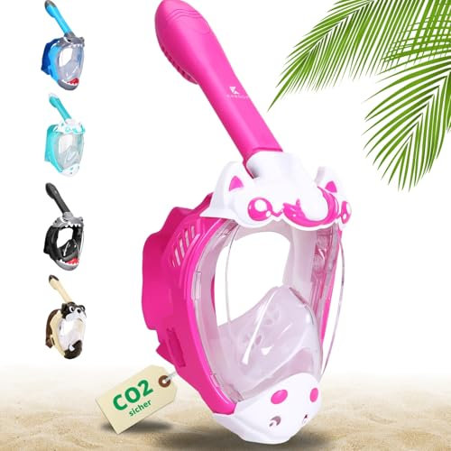 Khroom Schnorchelmaske Kinder ab 3 Jahre | TÜV geprüft & CO2 sicher | Vollgesichtsmaske / Tauchmaske Kinder ganzes Gesicht | Tauchermaske mit Tragetasche (Einhorn Pink)