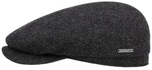 Stetson Belfast Flatcap Schiebermütze Herrenkappe Herringbone mit Innenfutter Baumwolle Herbst Winter schwarz-grau 60 cm