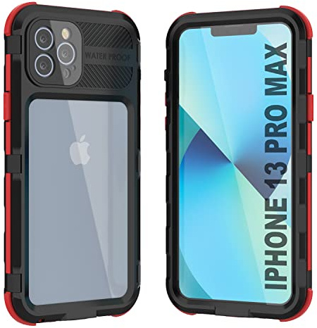 Punkcase for iPhone 13 Pro Max Waterproof Aluminum Case [Metal Extreme 2.0 Series] IP68 Rugged Bumper Cover W/Buillt in Screen Protector | Ultimate Protection for iPhone 13 Pro Max (6.7)[Black-Red]