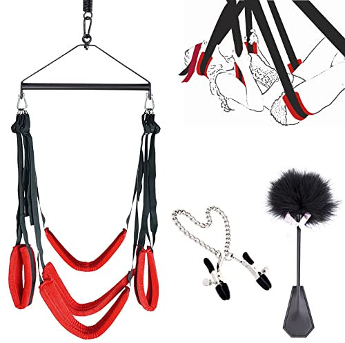 BDSMYEE Deluxe Liebesschaukel Kit für die Decke,Sexschaukel Sexmöbel mit Federkitzler & Nippel-Clip-Kette,Love swing Sex Swing mit 5 Kopfpolster Lendenpolster Hüftpolster Beinpolster,Belastbar 200kg