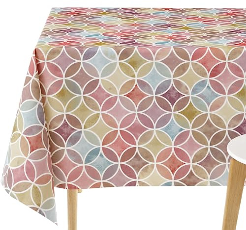 KP HOME PVC Wipe Clean Table Cloth Rectangular 250x140 cm / 98x55 In - Wipeable Tablecloth up to 8 Seats - Waterproof Vinyl Oilcloth with Seamless Geometric Circles in Multicolour Purple Red