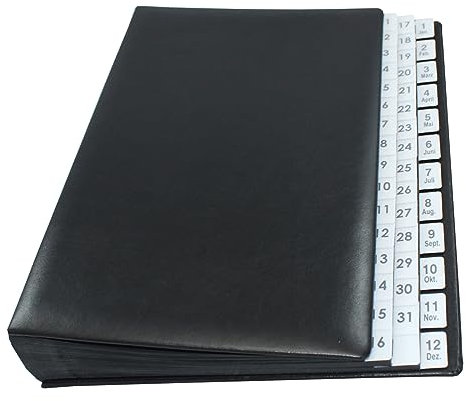 Pultordner mit Register 1-31 plus 1-12 (Jan.-Dez.) aus schwarzem glattem Vollrindleder, passend für DIN A4, Softcover mit dehnbarem Rücken