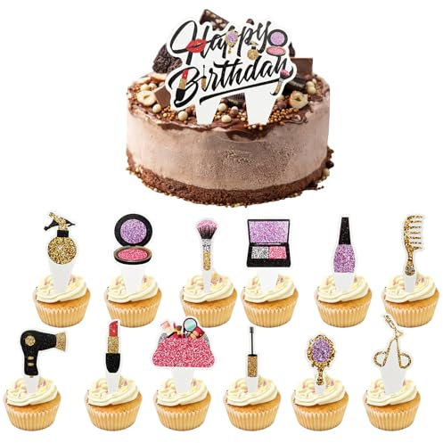 Maquillage Cupcake Topper 13PCS Cosmétiques Décoration de Gâteau Thème Happy Birthday Cake Topper Rouge à Lèvres et Mascara Cupcake Picks pour Filles Anniversaire Bridal Shower Décoration de Fête