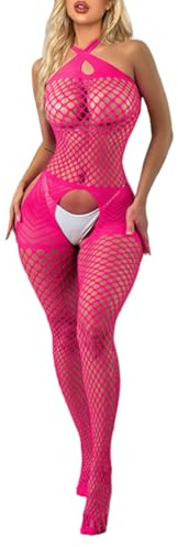 Sesiwadbe Lingerie for Women Bodystocking Attached Thigh High Stockings One Piece Bobydoll Bodysuit Sexy Tights（RoseRed,M）