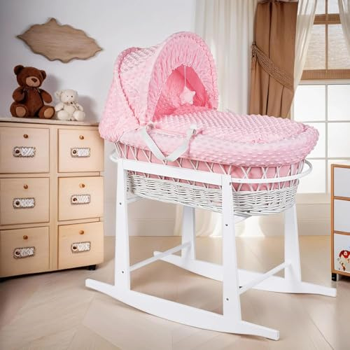 Babymam Moses Basket Wicker White Rocking Stand Baby Padded Dimple Pink Bedding Full Set with Mattress