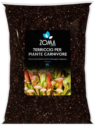 Zoma Terriccio Piante Carnivore di Qualità Superiore, Terra Per Piante carnivore con pura Torba acida Di Sfagno già Idratata, Perlite espansa, Bark, Sfagno cileno e Quarzite. Sacco 6 LT